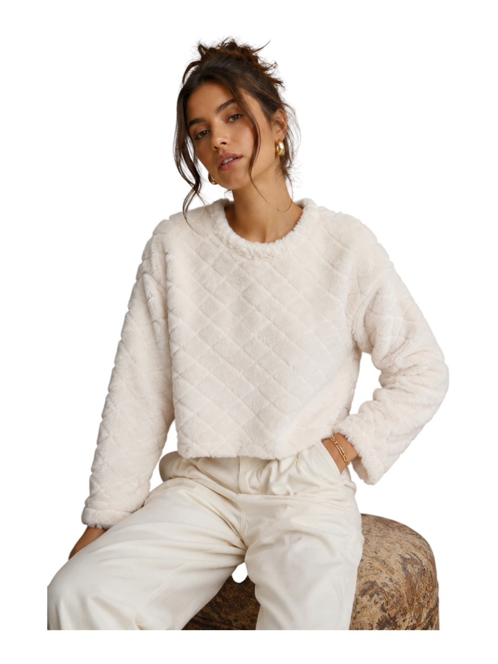 Zara Quilted Faux Fur Cropped Pullover Sweater Ivory Soft Plush Size M